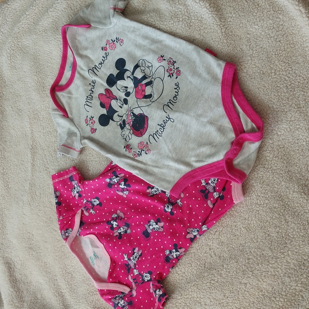 3/$15 Disney Bundle Two Mickey Minnie Mouse Onesies Size 12 Months